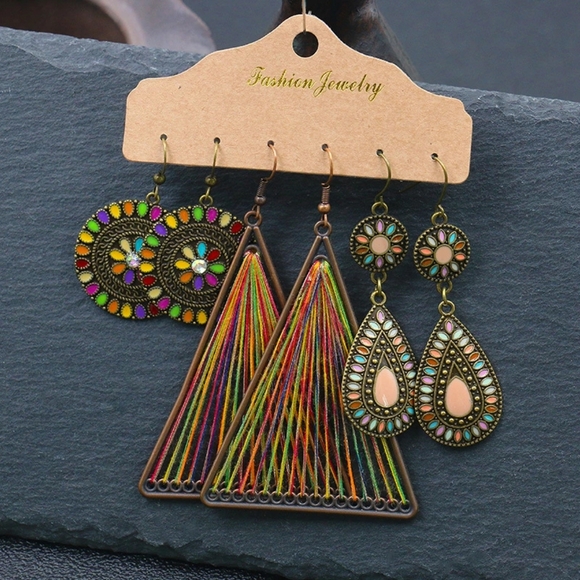 Last 3 Pair Set Tribal Bohemian Dangle Earrings - Picture 4 of 9